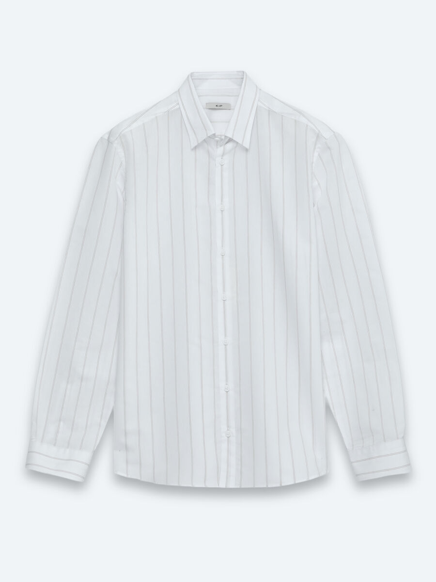 Beige Striped Regular Fit Long Weaving Casual Cotton Blended Shirt - 6