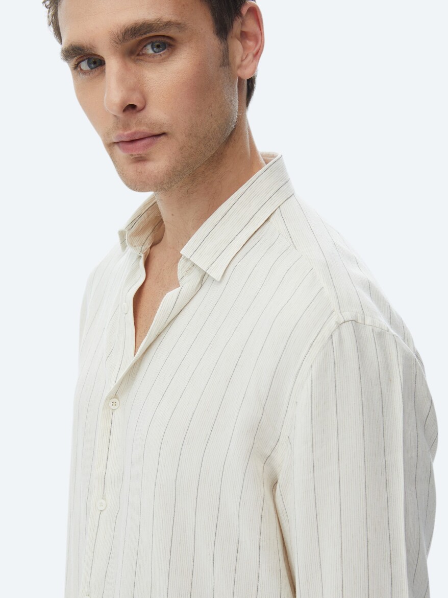 Beige Striped Regular Fit Long Weaving Casual Linen Blended Shirt - 4