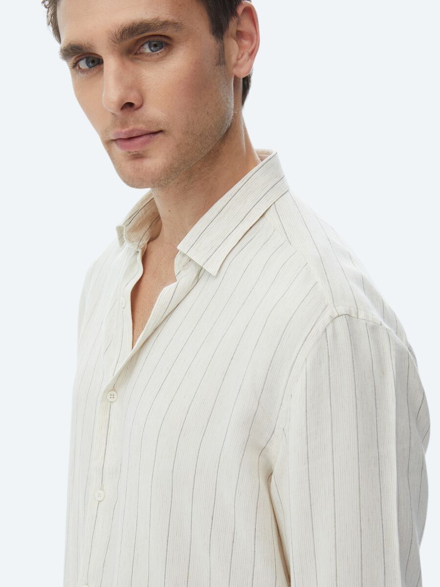 Beige Striped Regular Fit Long Weaving Casual Linen Blended Shirt - 4