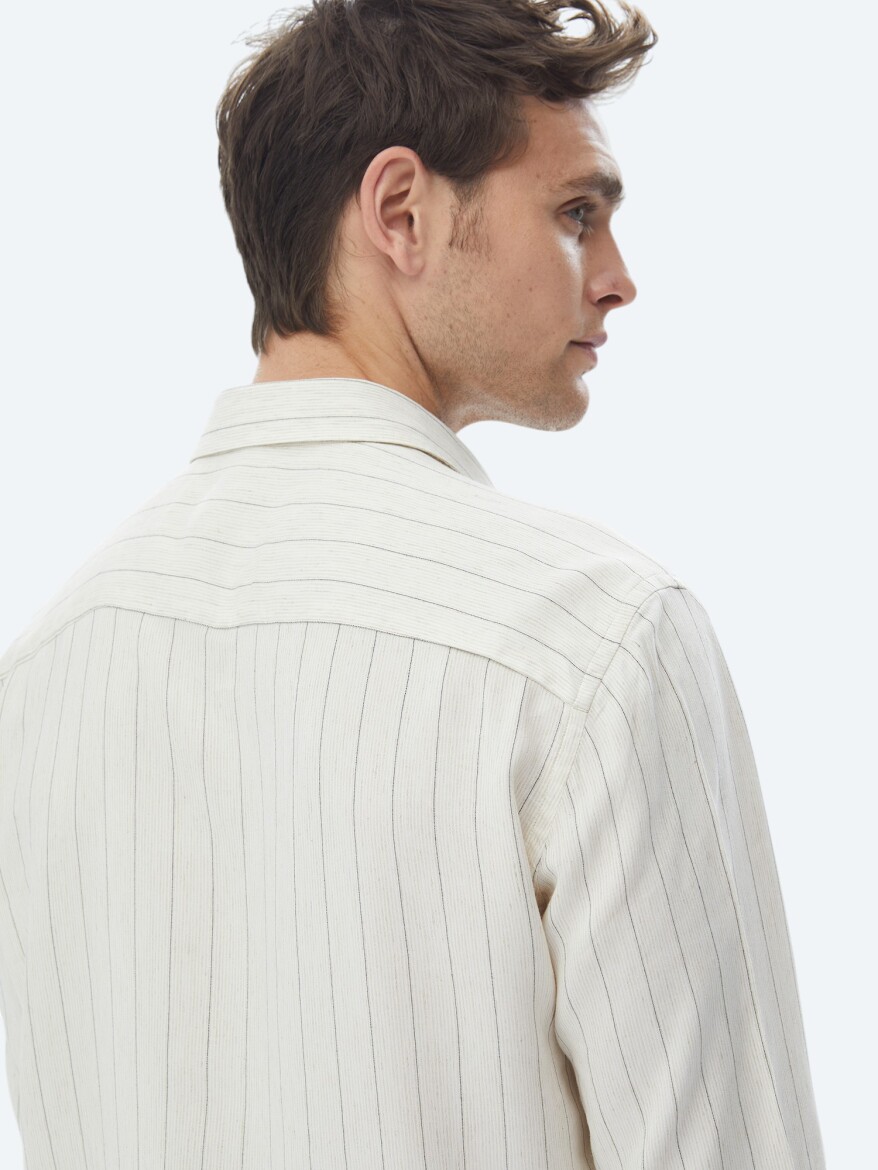 Beige Striped Regular Fit Long Weaving Casual Linen Blended Shirt - 8