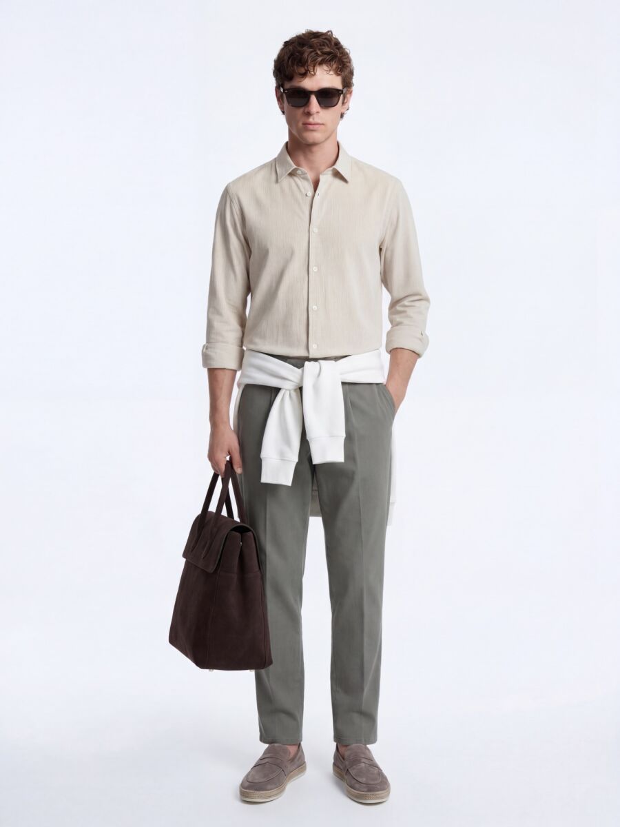 Beige Striped Regular Fit Long Weaving Casual Shirt - 2