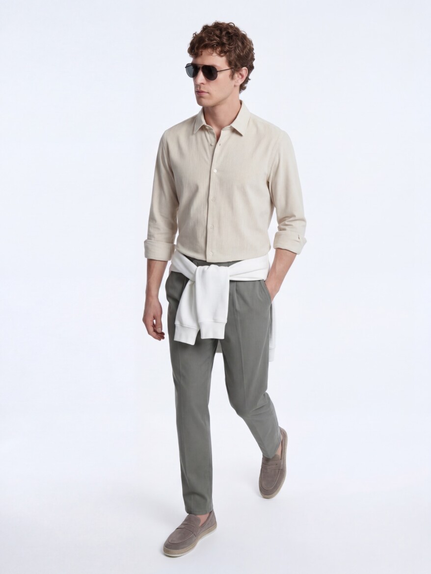 Beige Striped Regular Fit Long Weaving Casual Shirt - 4