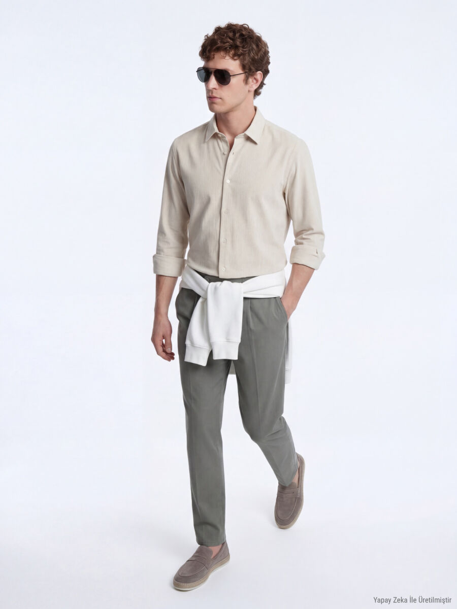 Beige Striped Regular Fit Long Weaving Casual Shirt - 4