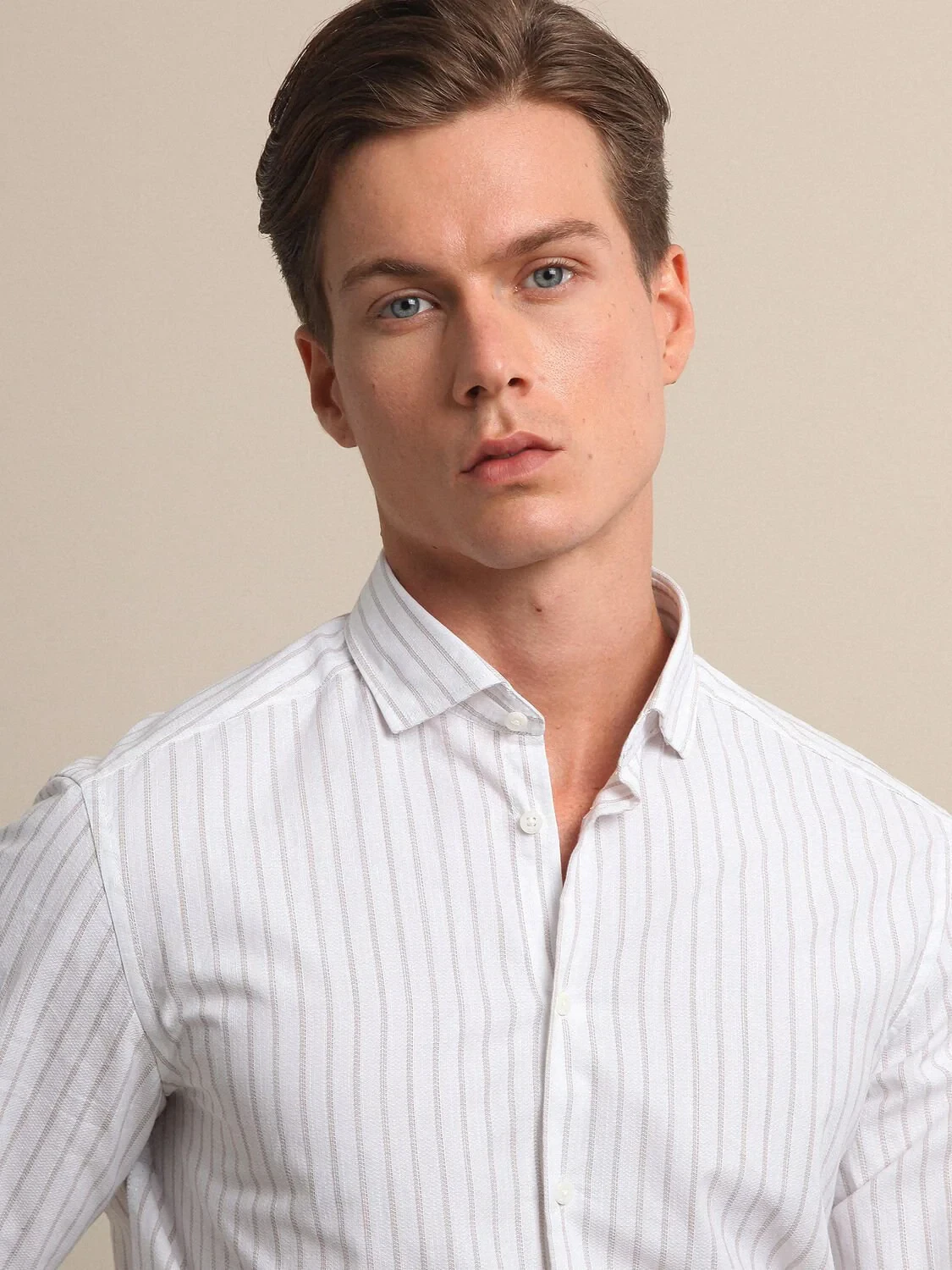 Beige Striped Regular Fit Weaving Casual 100% Cotton Shirt - 1
