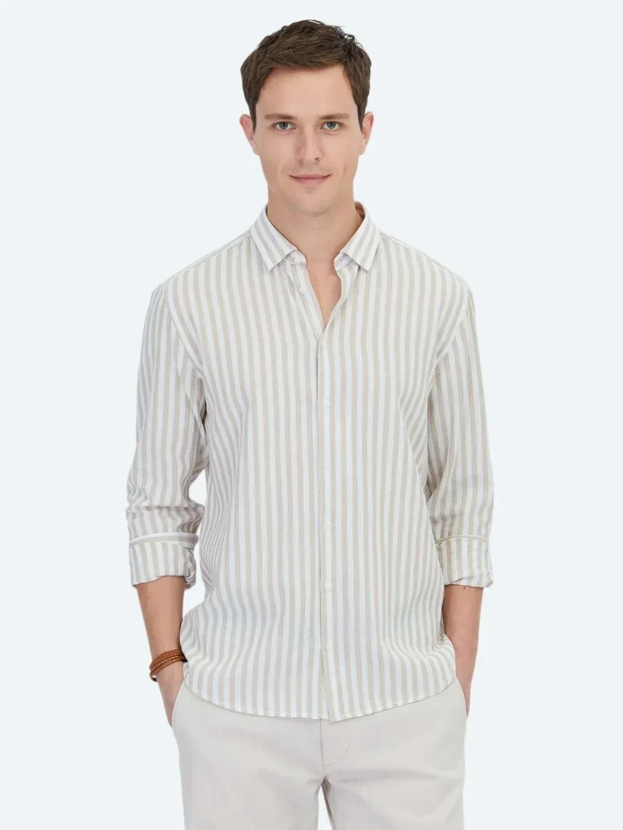 Beige Striped Regular Fit Weaving Casual Cotton Blended Shirt - 1