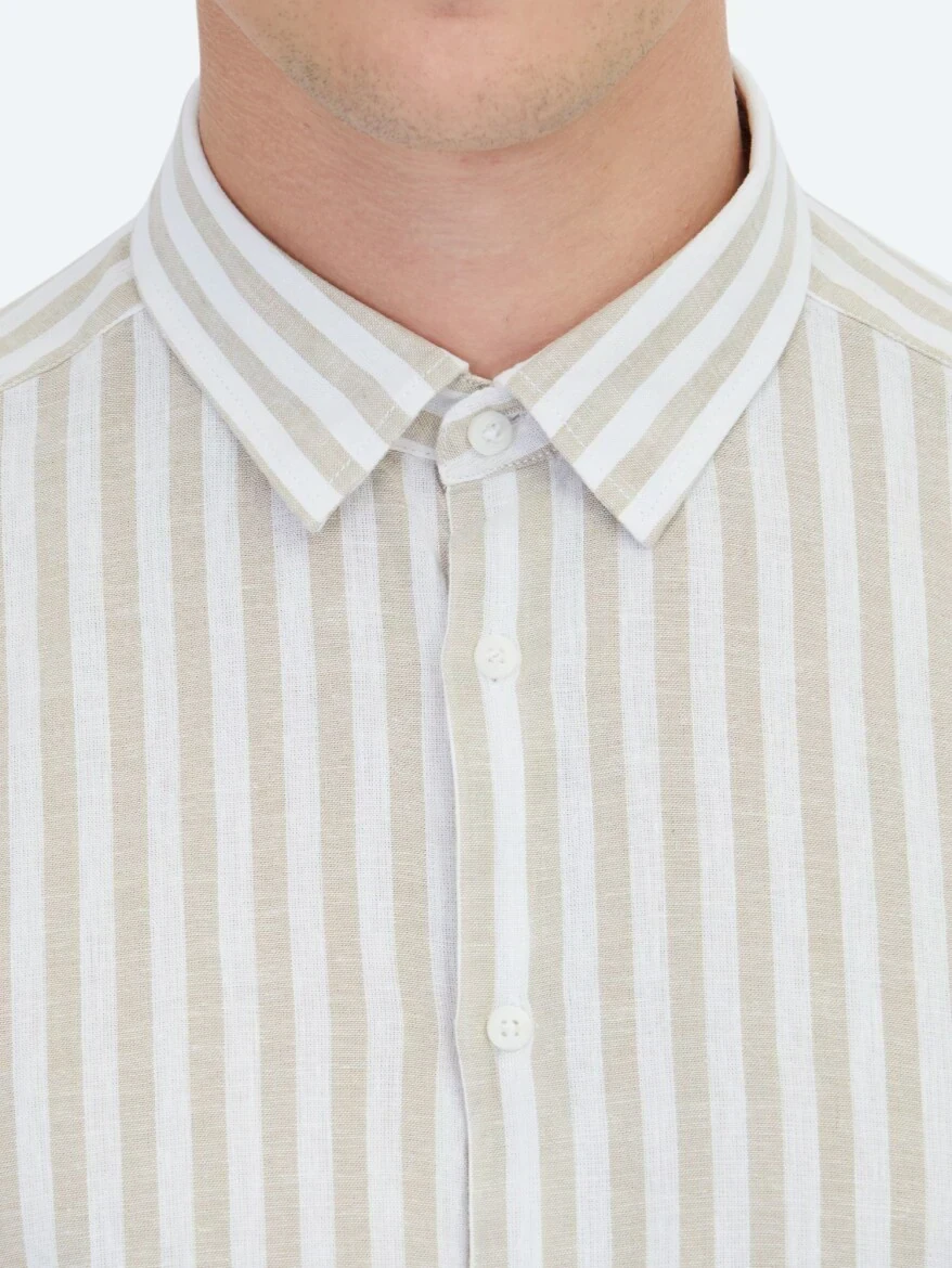 Beige Striped Regular Fit Weaving Casual Cotton Blended Shirt - 5