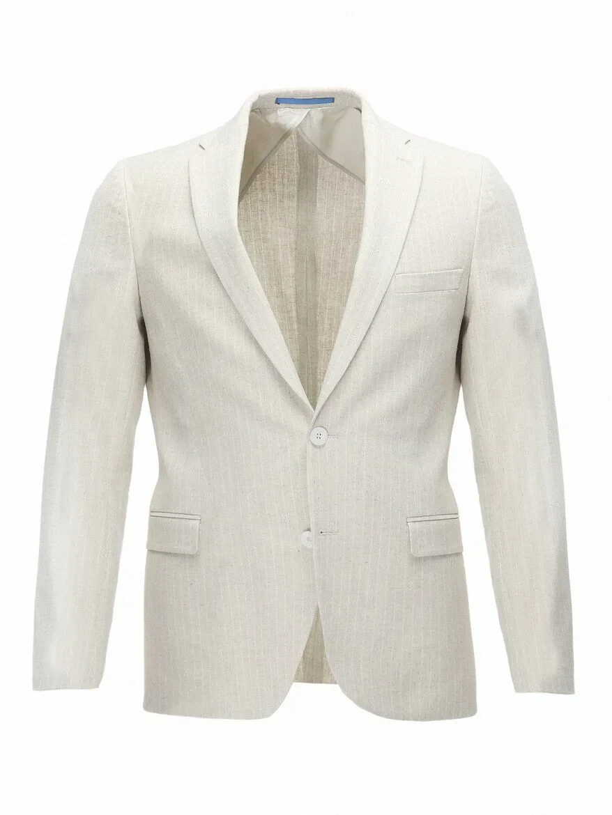 Beige Striped Slim Fit Cotton Blended Jacket - 7