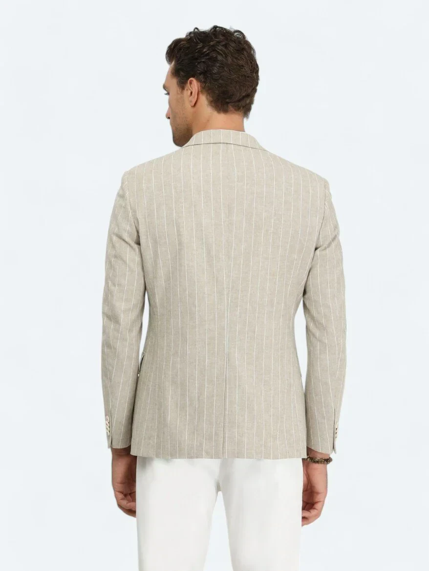 Beige Striped Slim Fit Cotton Blended Jacket - 6