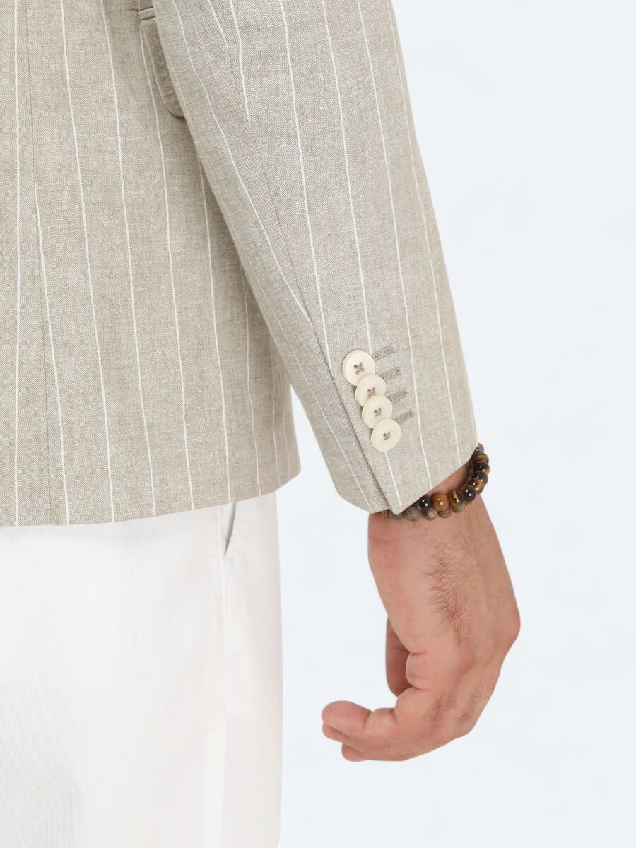 Beige Striped Slim Fit Cotton Blended Jacket - 5