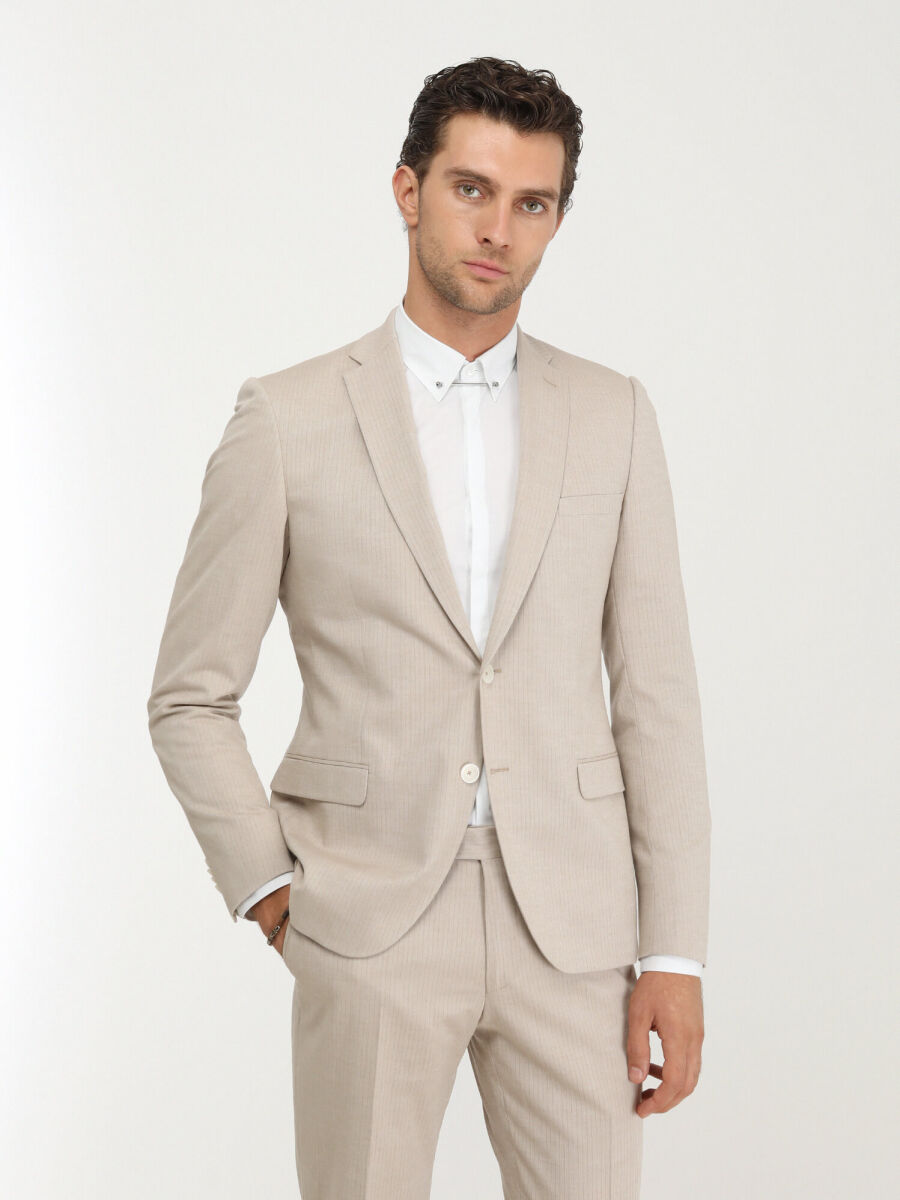 Beige Striped Slim Fit Cotton Blended Suit - 1