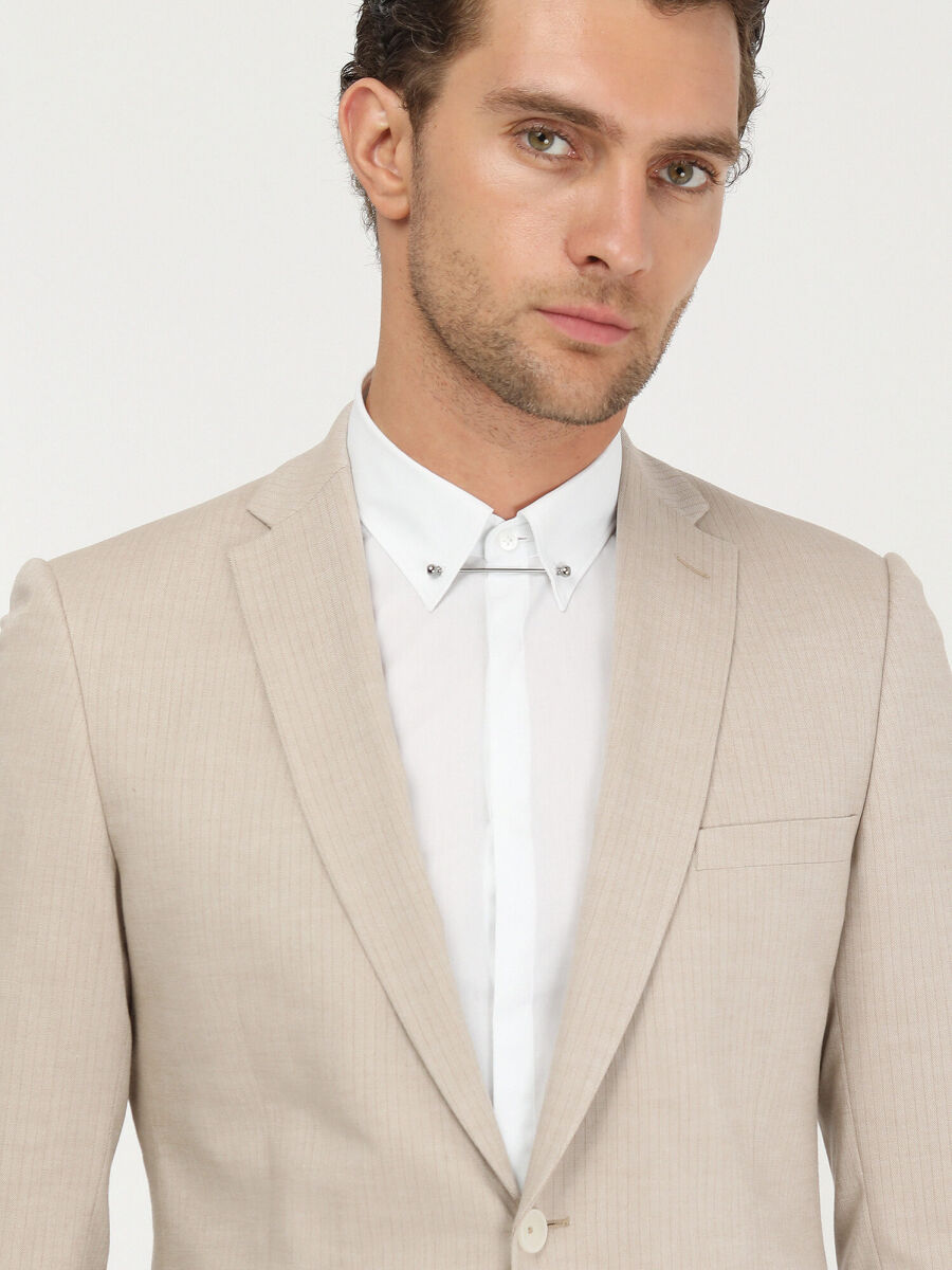 Beige Striped Slim Fit Cotton Blended Suit - 3