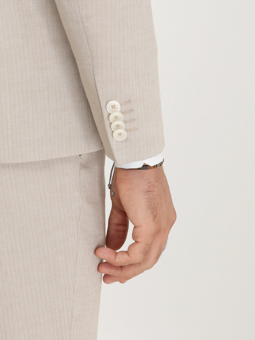 Beige Striped Slim Fit Cotton Blended Suit - 5