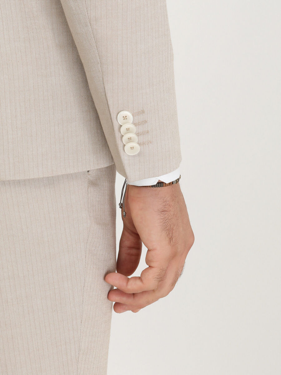 Beige Striped Slim Fit Cotton Blended Suit - 5