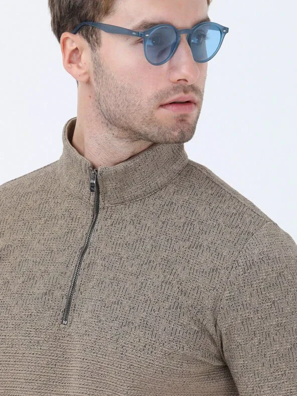 Beige Turtleneck Jacquard Sweatshirt - 4