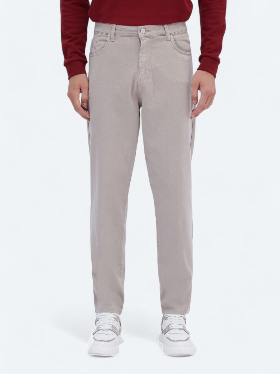 Beige Weaving Carrot Fit Casual Cotton Blended Trousers - 2