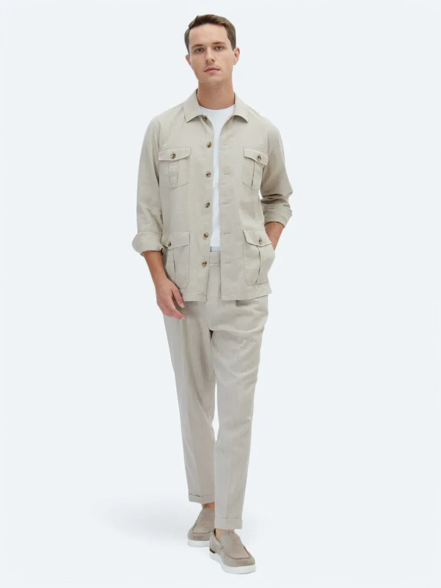 Beige Weaving Carrot Fit Casual Trousers - KİP