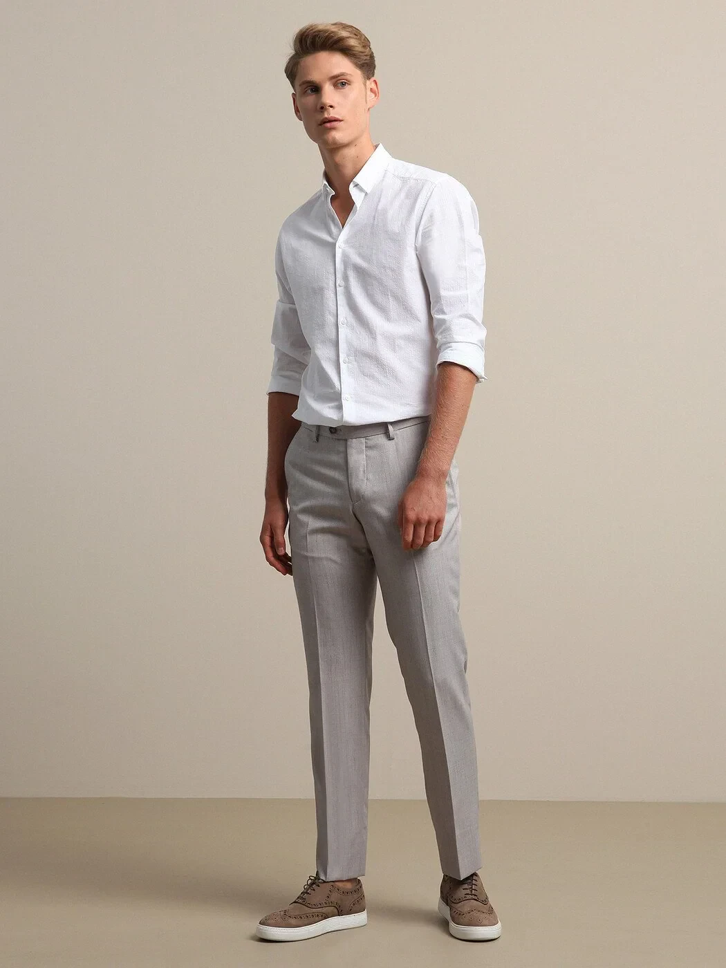 Beige Weaving Fitted Fit Smart Casual Trousers - 1