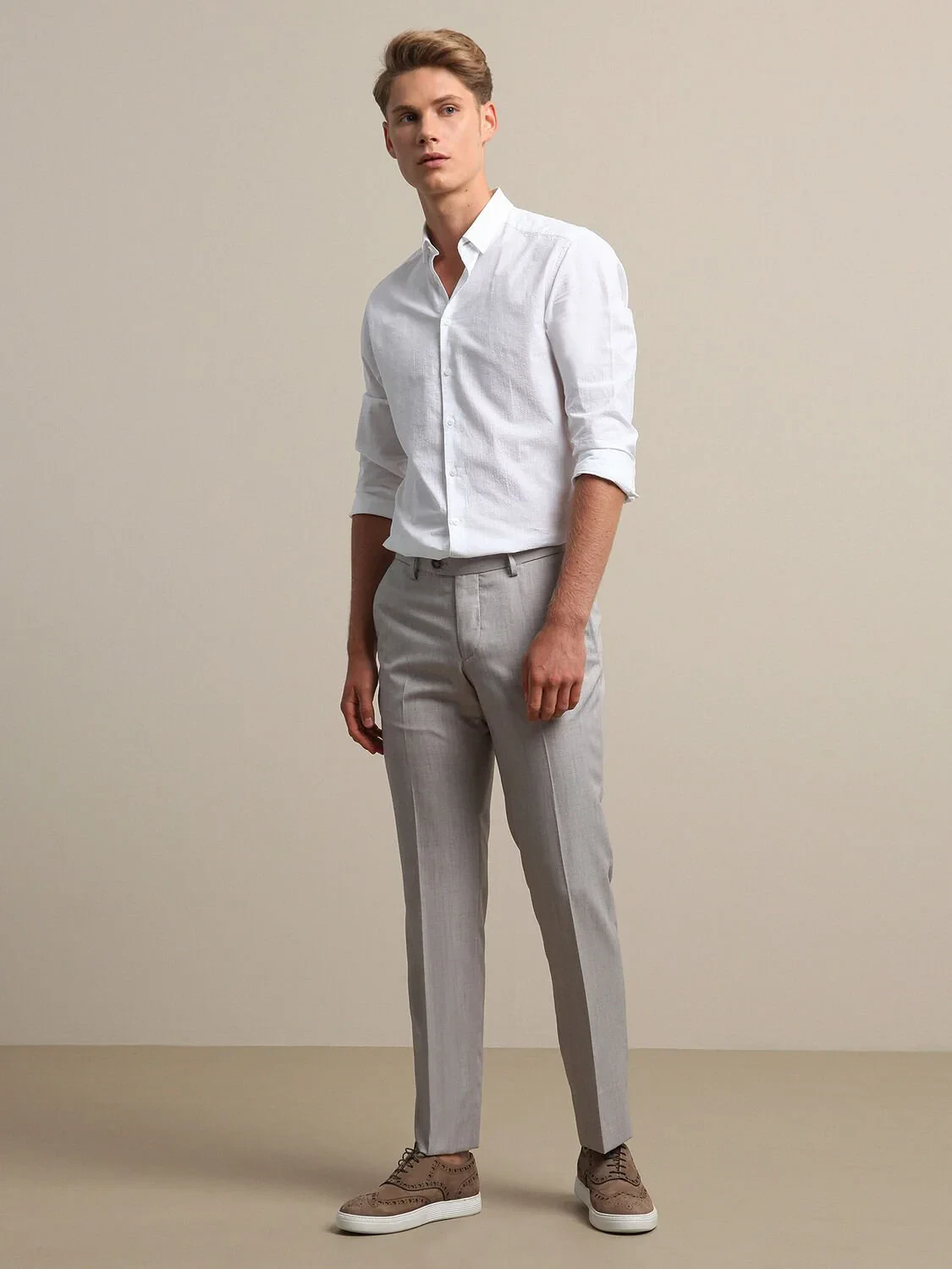 Beige Weaving Fitted Fit Smart Casual Trousers - 1