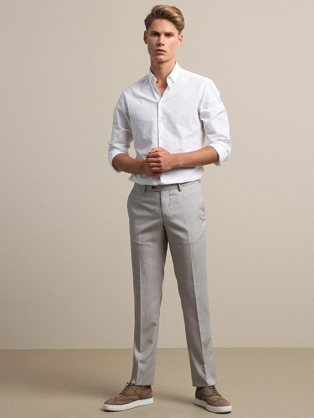 Beige Weaving Fitted Fit Smart Casual Trousers - 2