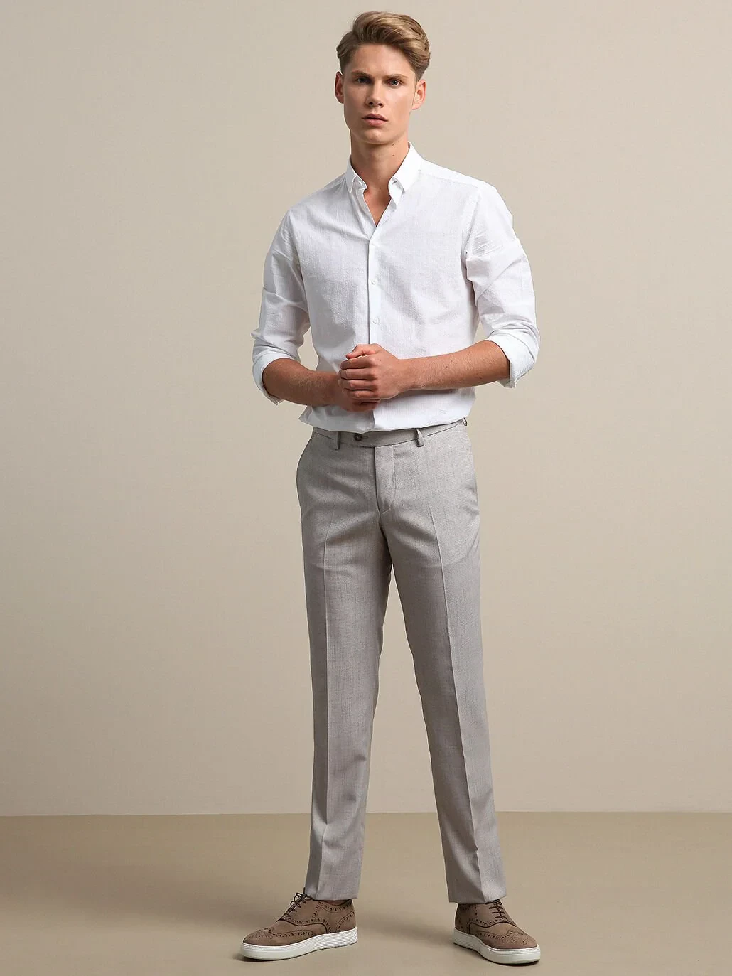 Beige Weaving Fitted Fit Smart Casual Trousers - 2