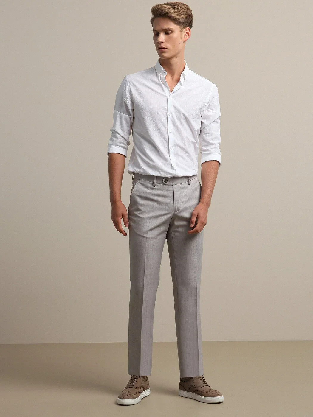 Beige Weaving Fitted Fit Smart Casual Trousers - 3