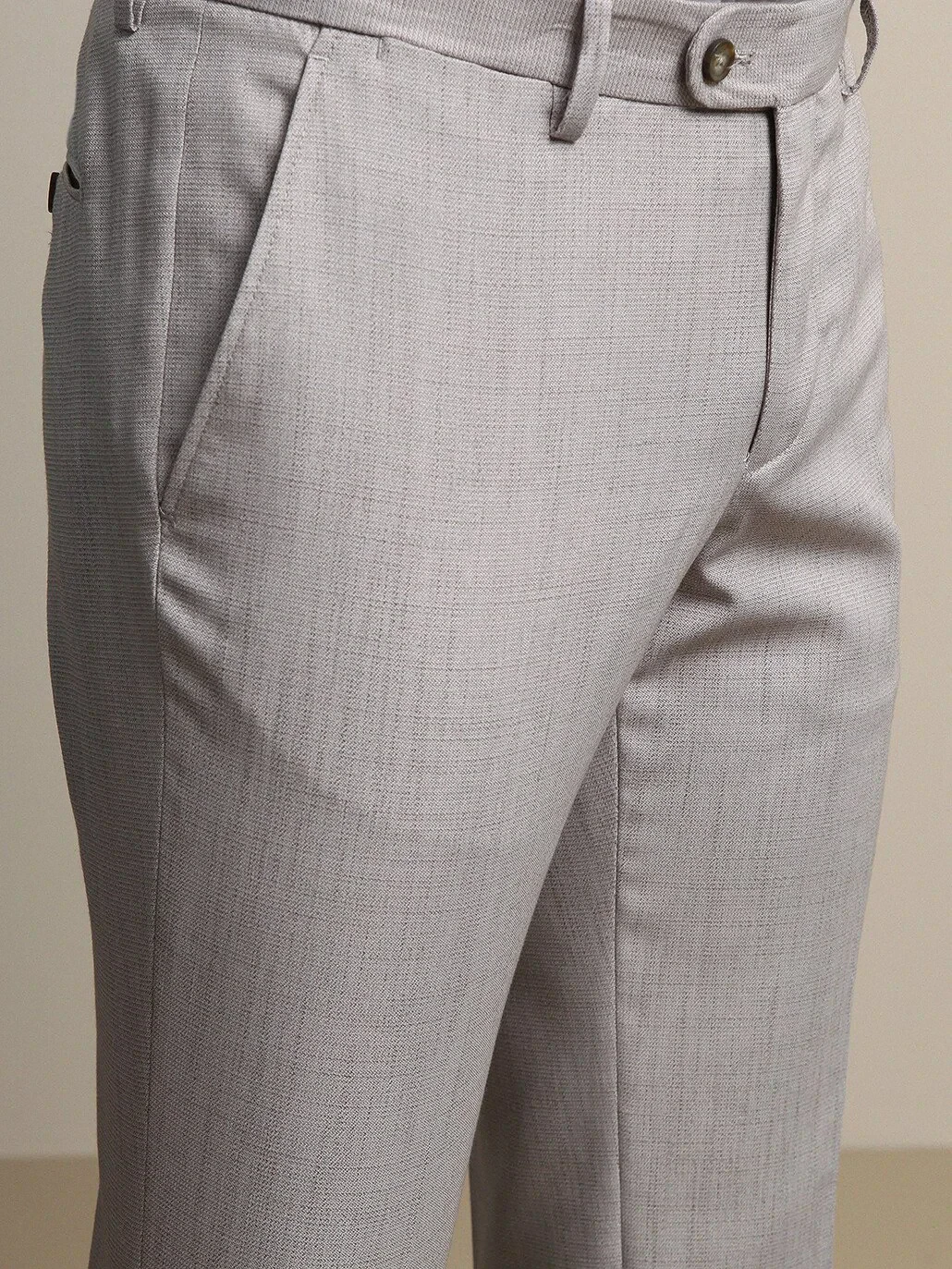Beige Weaving Fitted Fit Smart Casual Trousers - 4