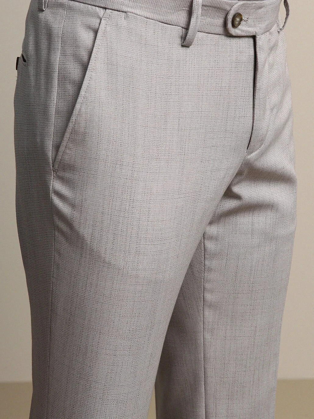 Beige Weaving Fitted Fit Smart Casual Trousers - 4