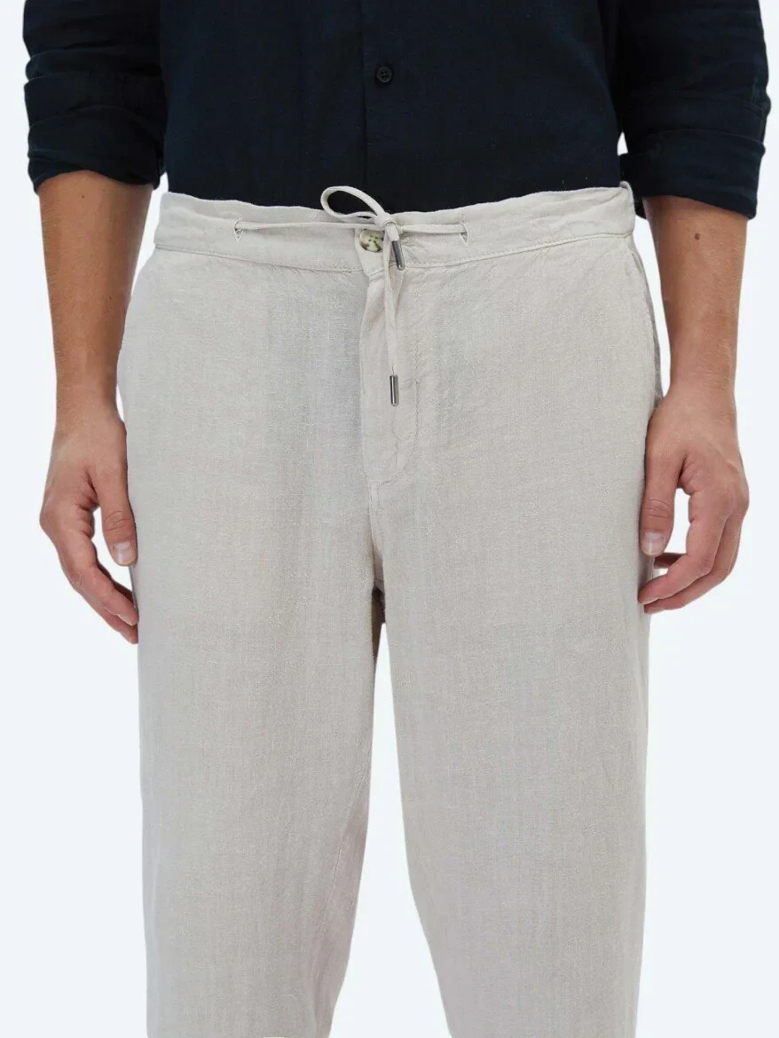 Beige Weaving Jogging Fit Casual 100% Linen Trousers - 3