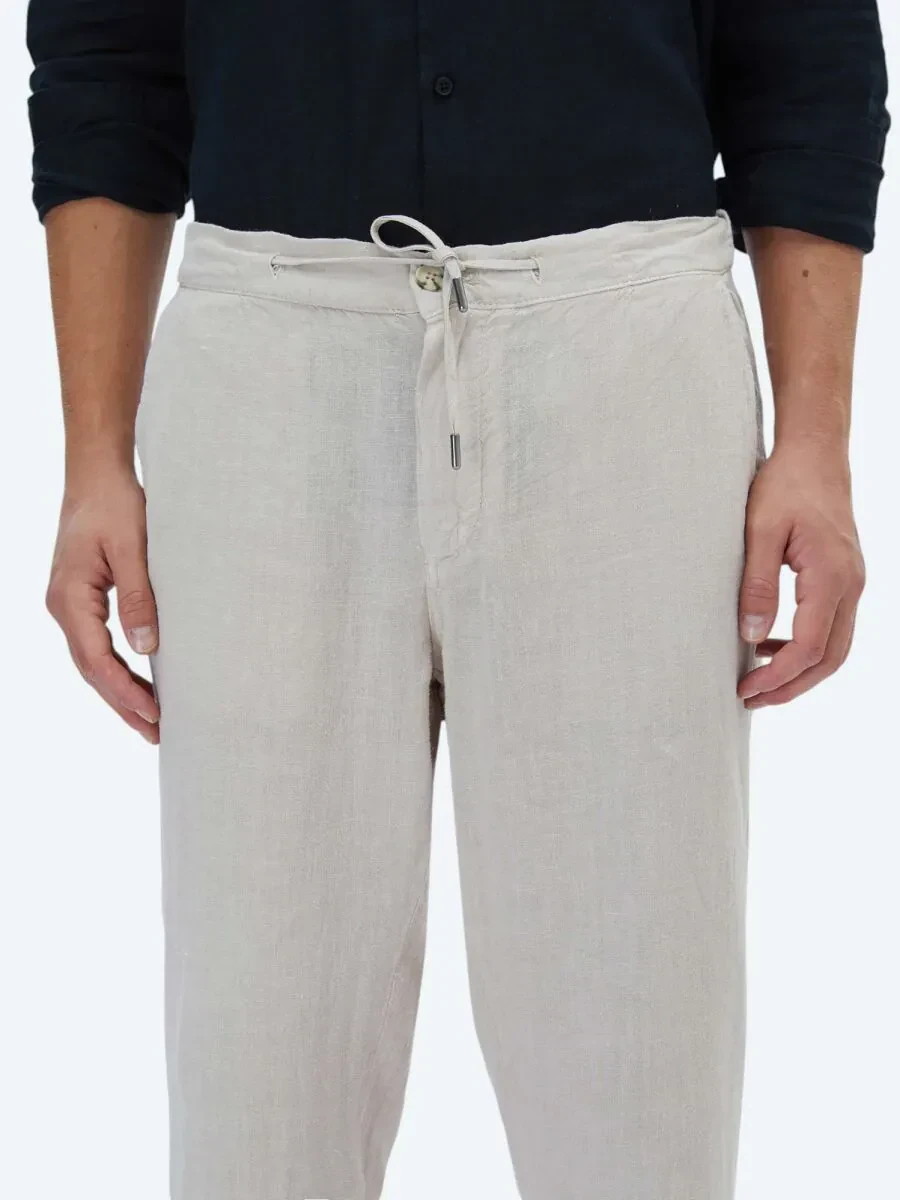 Beige Weaving Jogging Fit Casual 100% Linen Trousers - 3