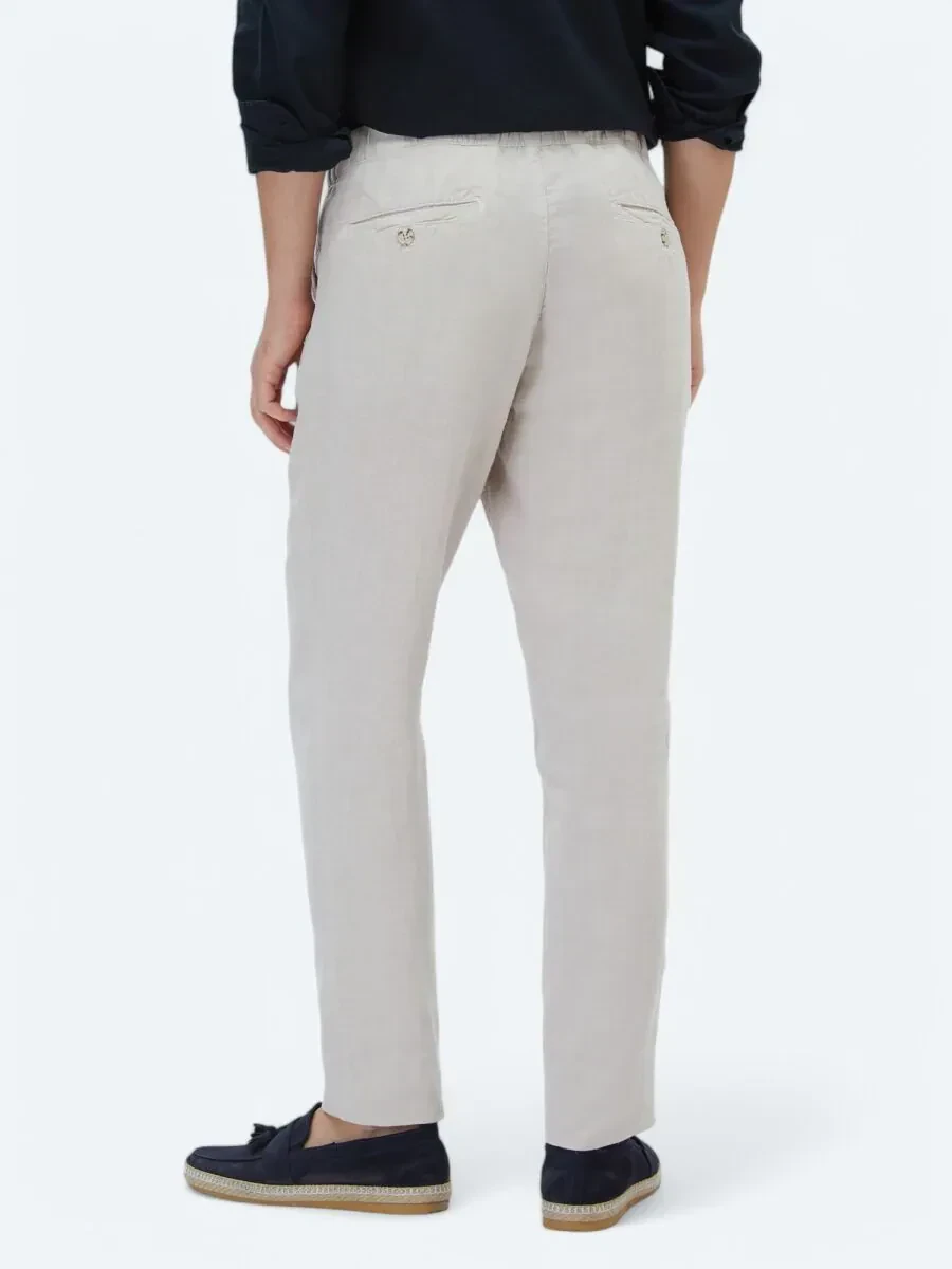 Beige Weaving Jogging Fit Casual 100% Linen Trousers - 4