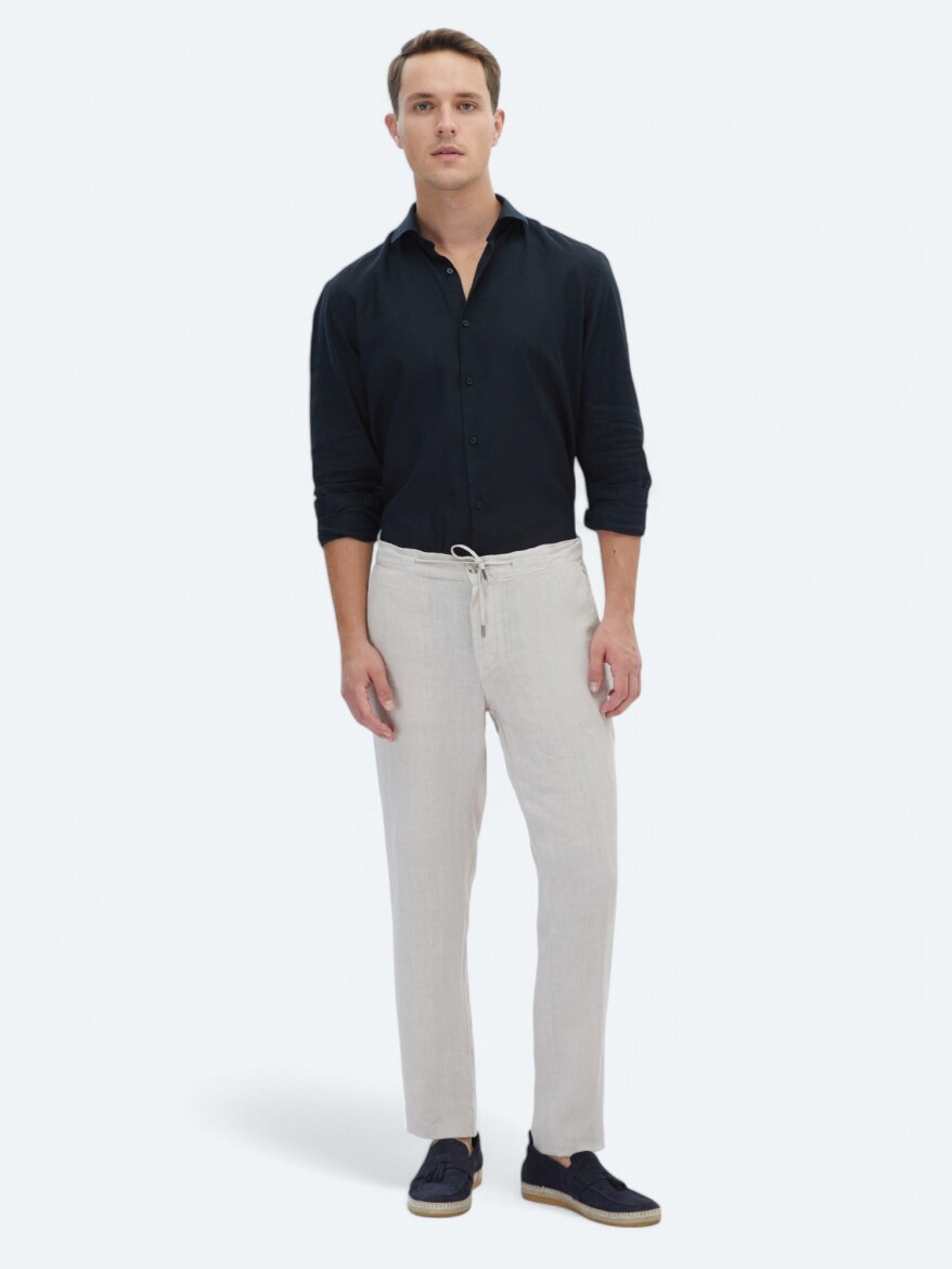 Beige Weaving Jogging Fit Casual 100% Linen Trousers - 1