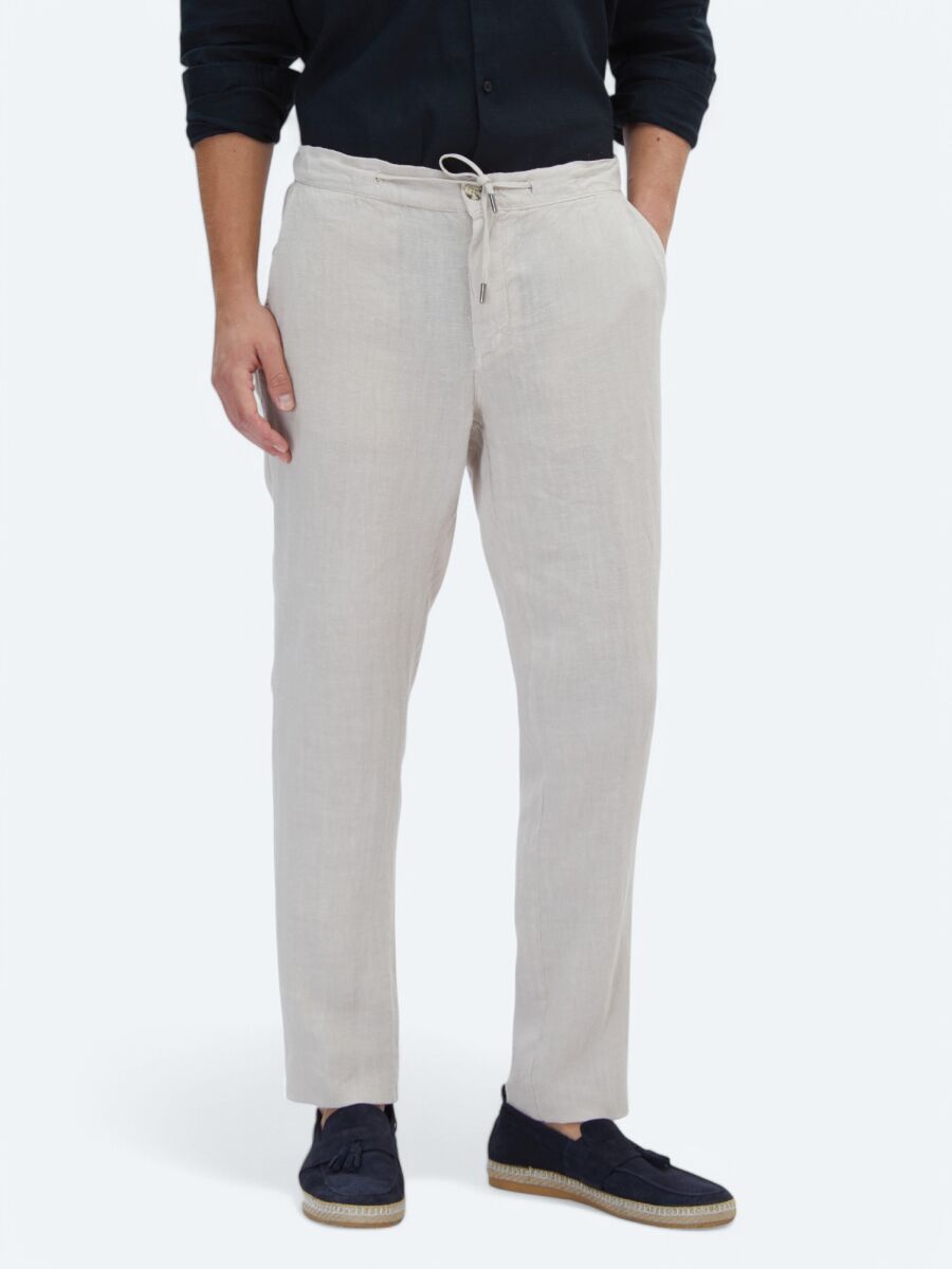 Beige Weaving Jogging Fit Casual 100% Linen Trousers - 2