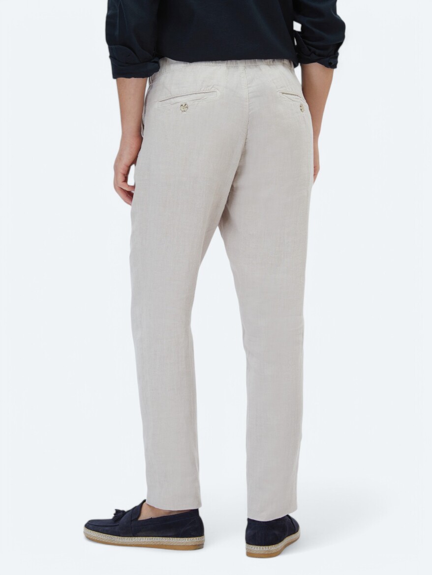Beige Weaving Jogging Fit Casual 100% Linen Trousers - 4