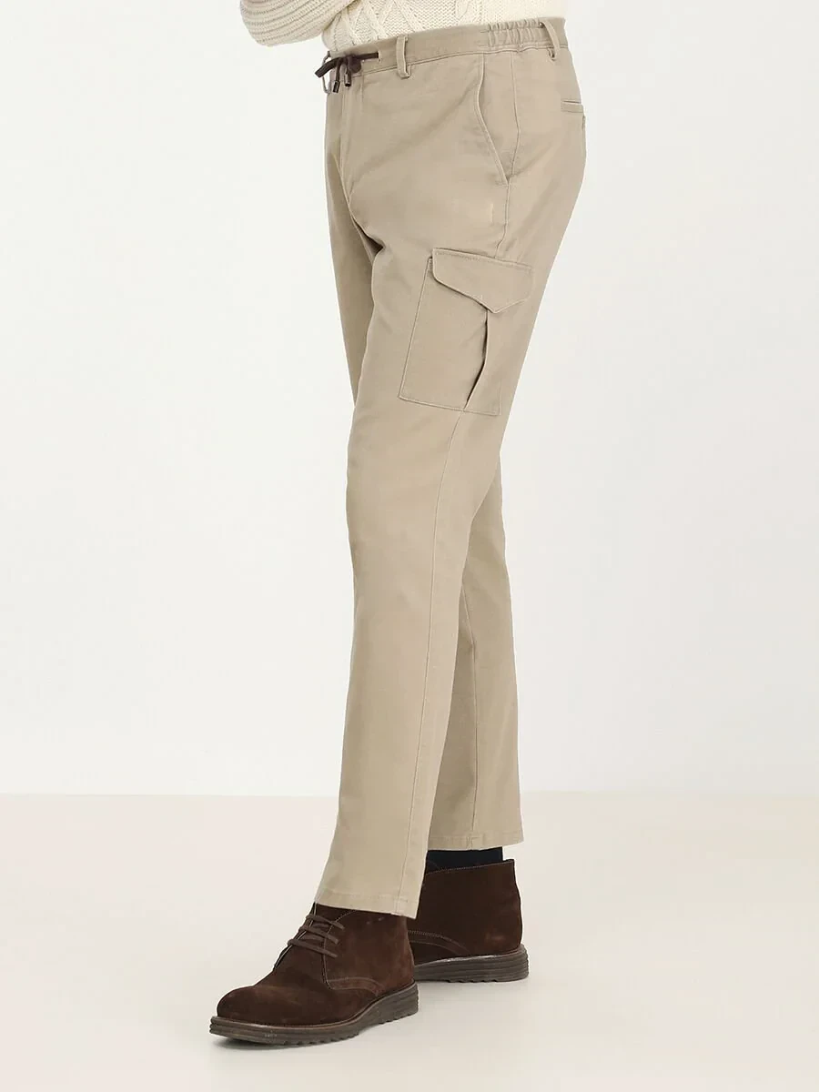 Beige Weaving Jogging Fit Casual Cotton Blended Trousers - 1