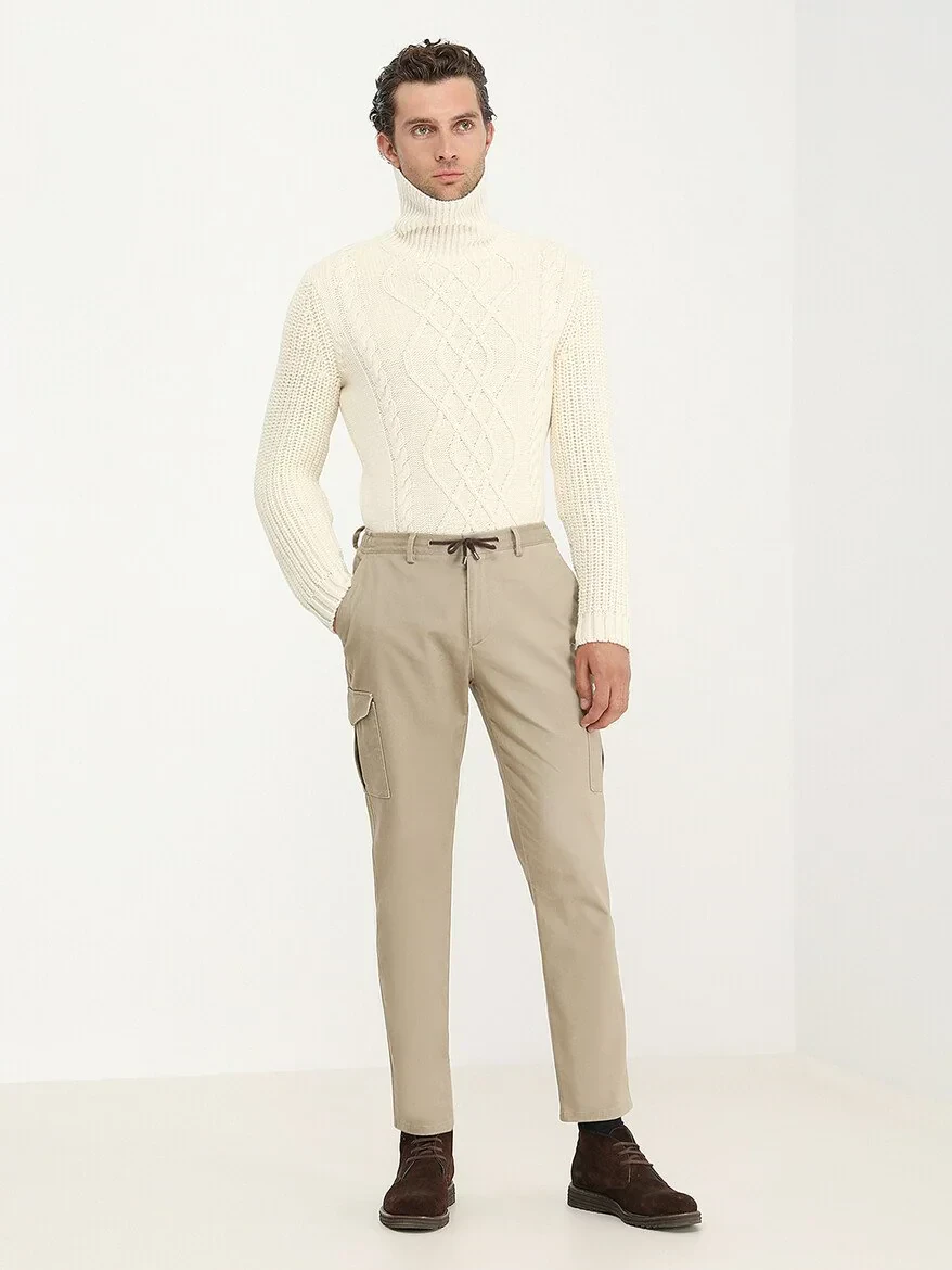 Beige Weaving Jogging Fit Casual Cotton Blended Trousers - 2