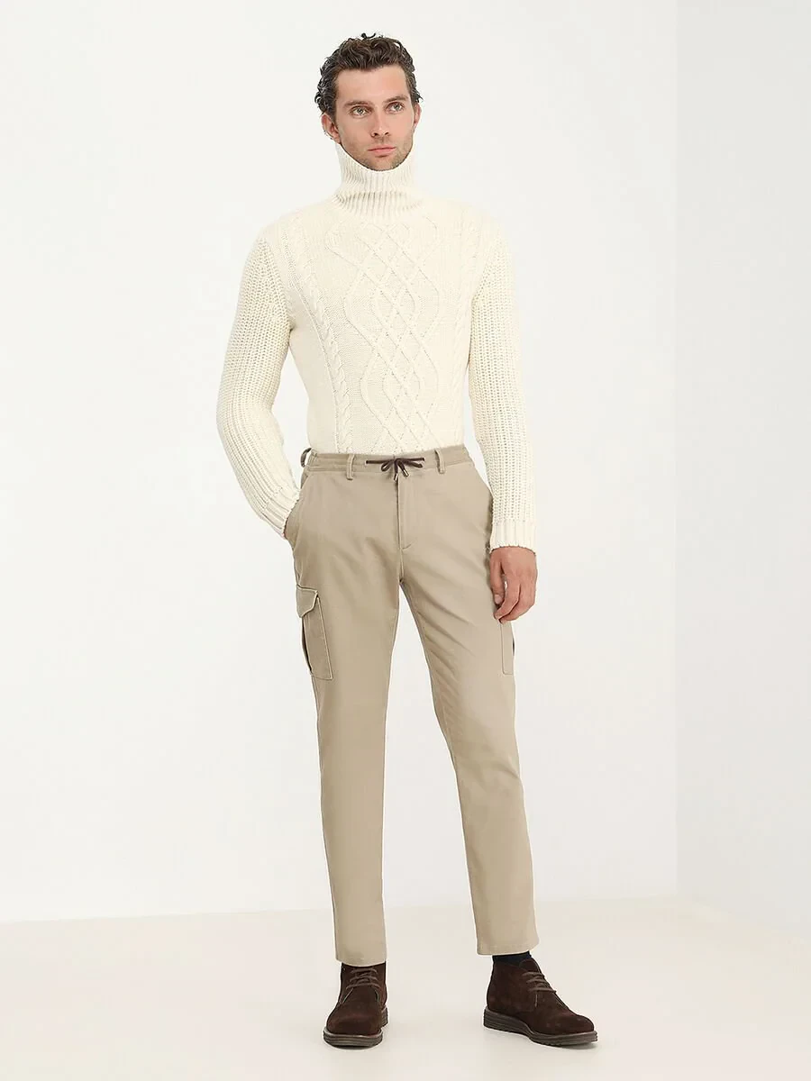 Beige Weaving Jogging Fit Casual Cotton Blended Trousers - 2