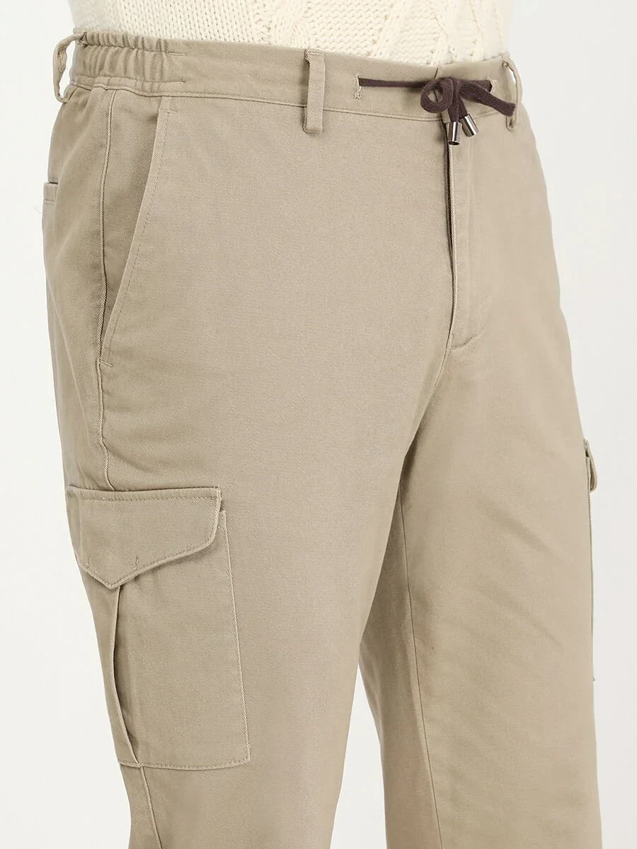 Beige Weaving Jogging Fit Casual Cotton Blended Trousers - 3
