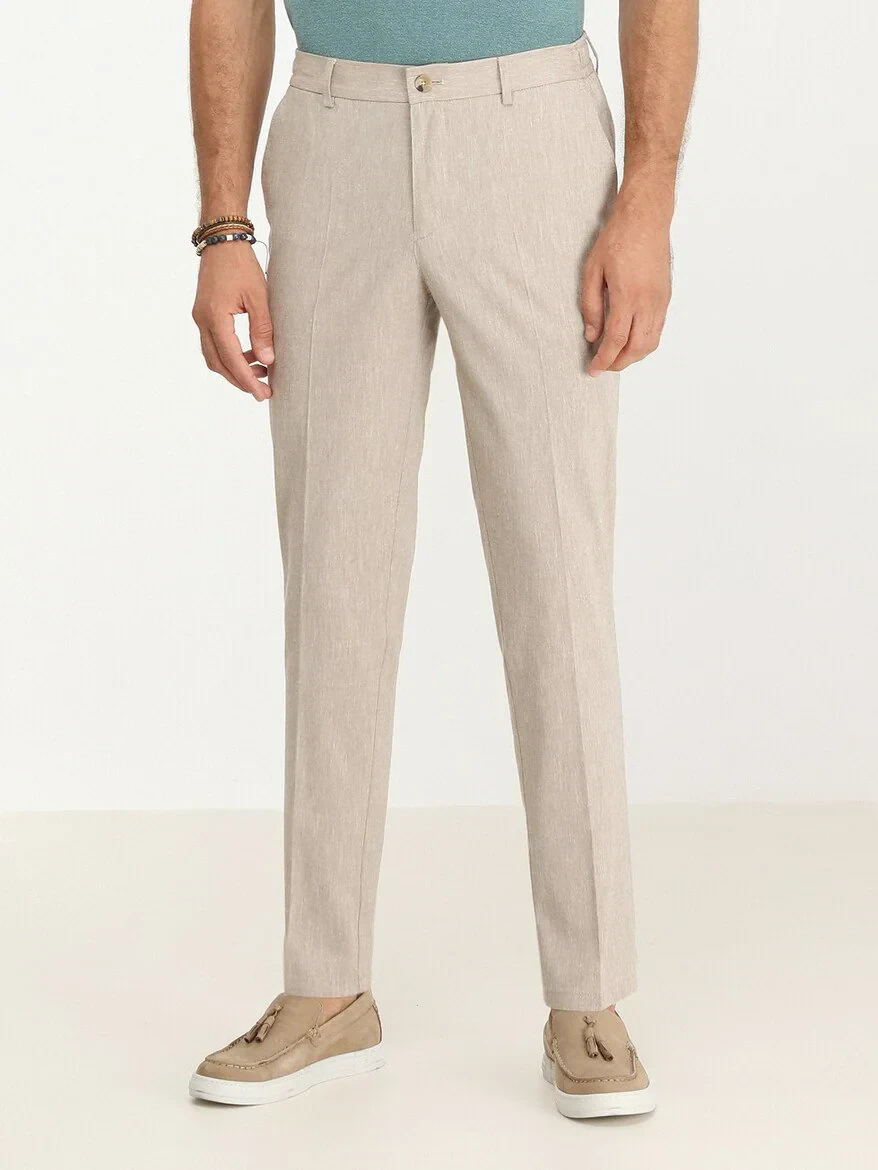 Beige Weaving Jogging Fit Casual Cotton Blended Trousers - 1