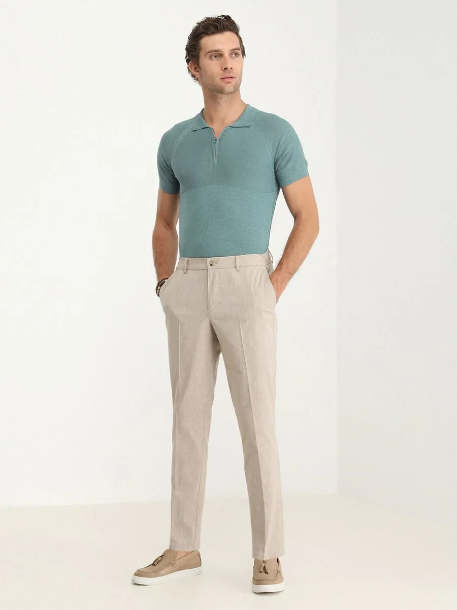Beige Weaving Jogging Fit Casual Cotton Blended Trousers - 2
