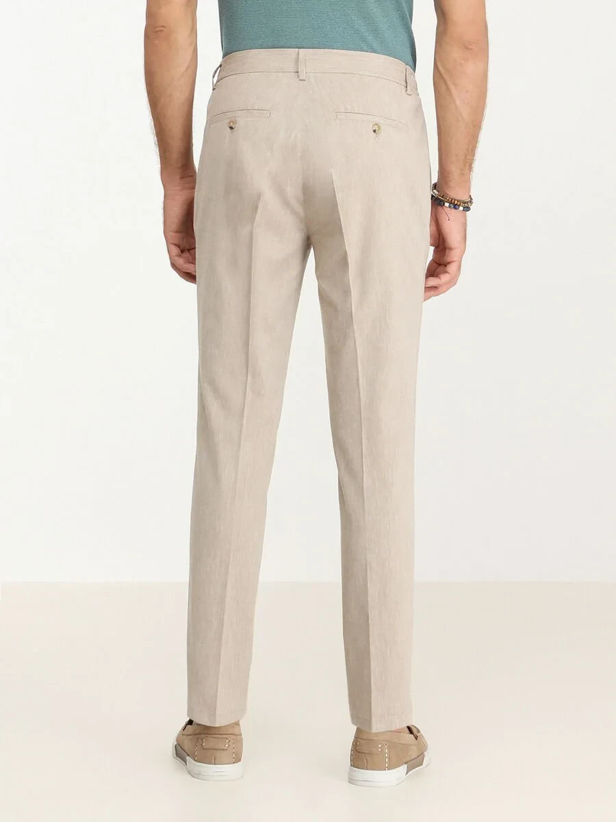 Beige Weaving Jogging Fit Casual Cotton Blended Trousers - 4