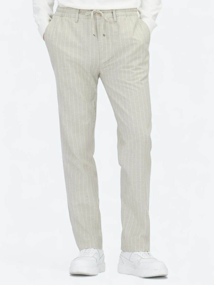 Beige Weaving Jogging Fit Casual Linen Blended Trousers - KİP