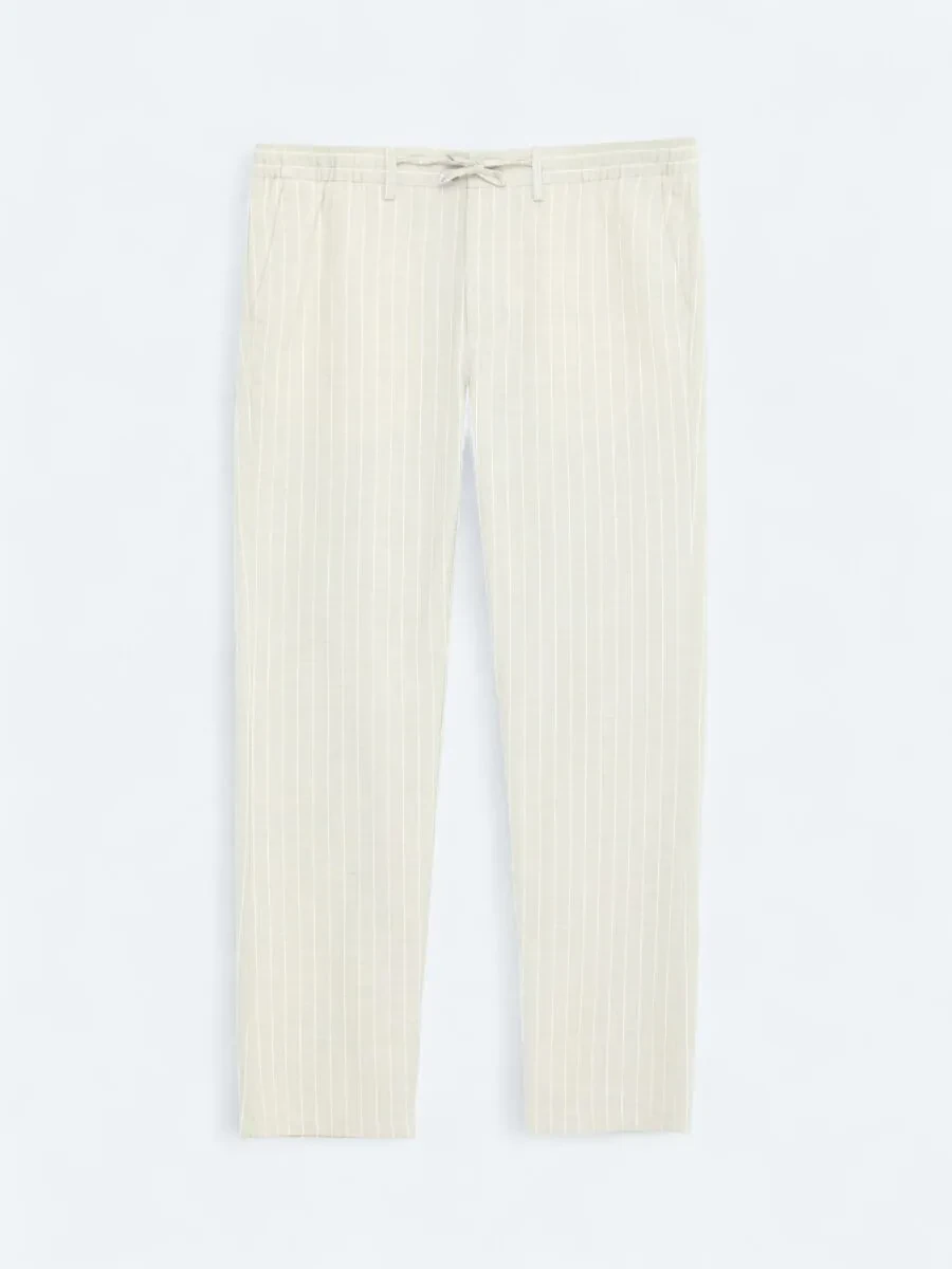 Beige Weaving Jogging Fit Casual Linen Blended Trousers - 6
