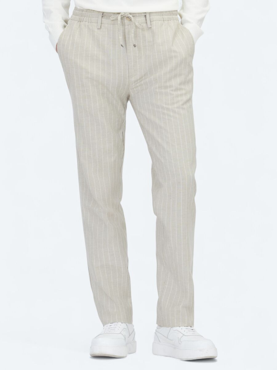 Beige Weaving Jogging Fit Casual Linen Blended Trousers - 2