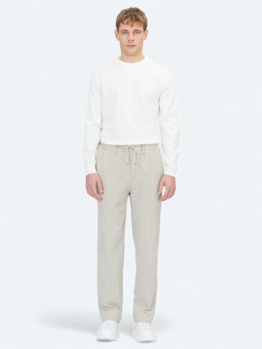 Beige Weaving Jogging Fit Casual Linen Blended Trousers - 3