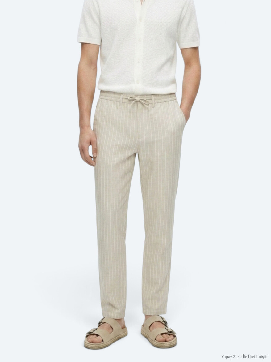 Beige Weaving Jogging Fit Casual Linen Blended Trousers - KİP