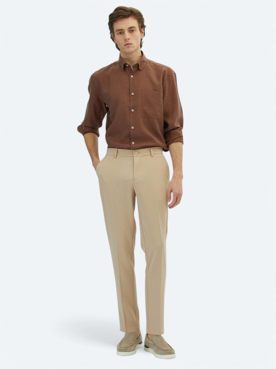 Beige Weaving Jogging Fit Casual Trousers - 1