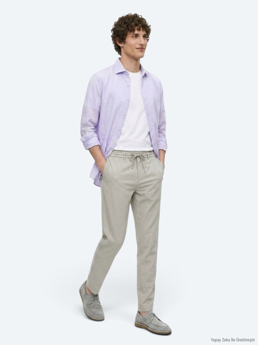 Beige Weaving Jogging Fit Casual Trousers - 1