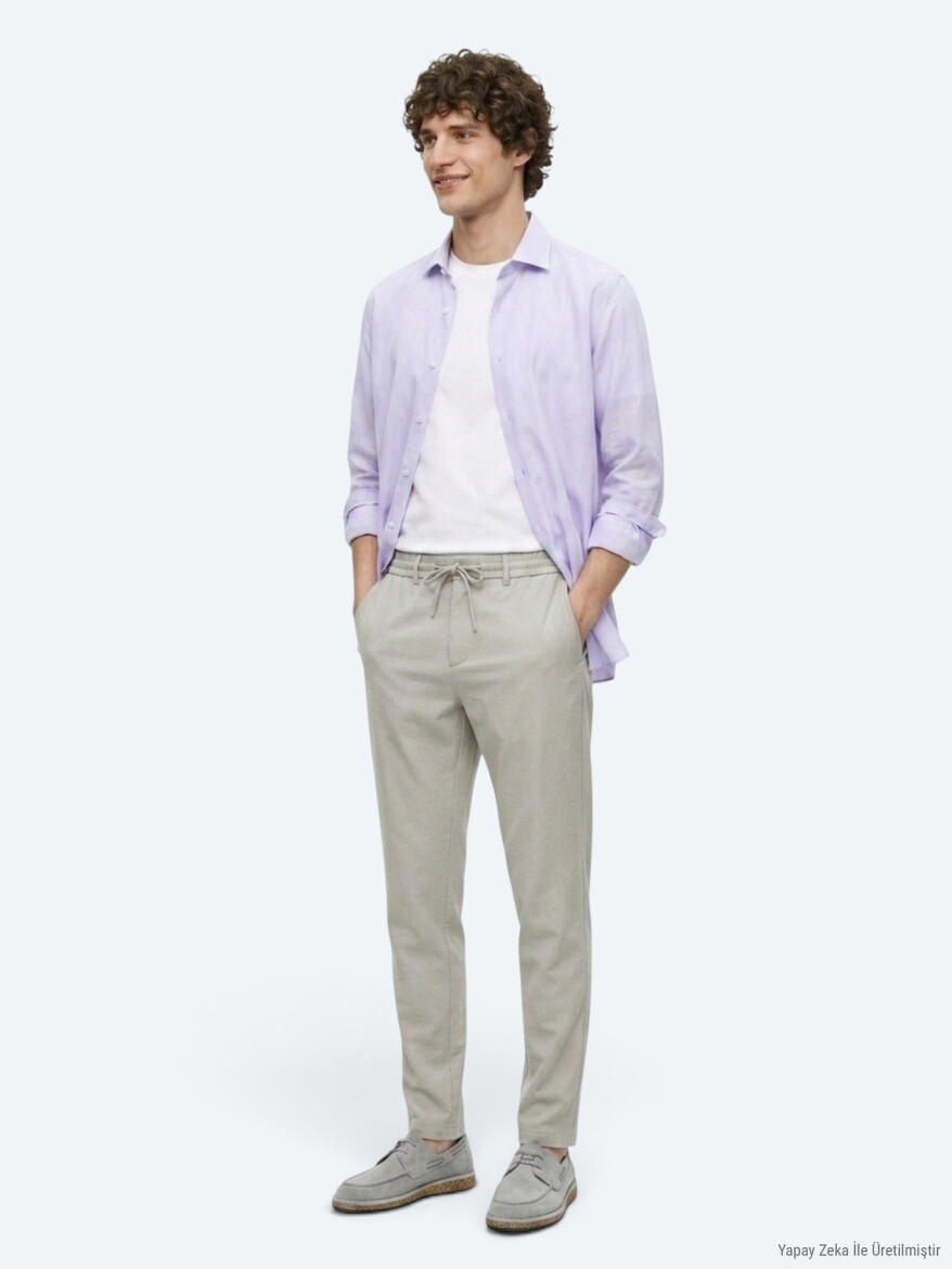 Beige Weaving Jogging Fit Casual Trousers - 2
