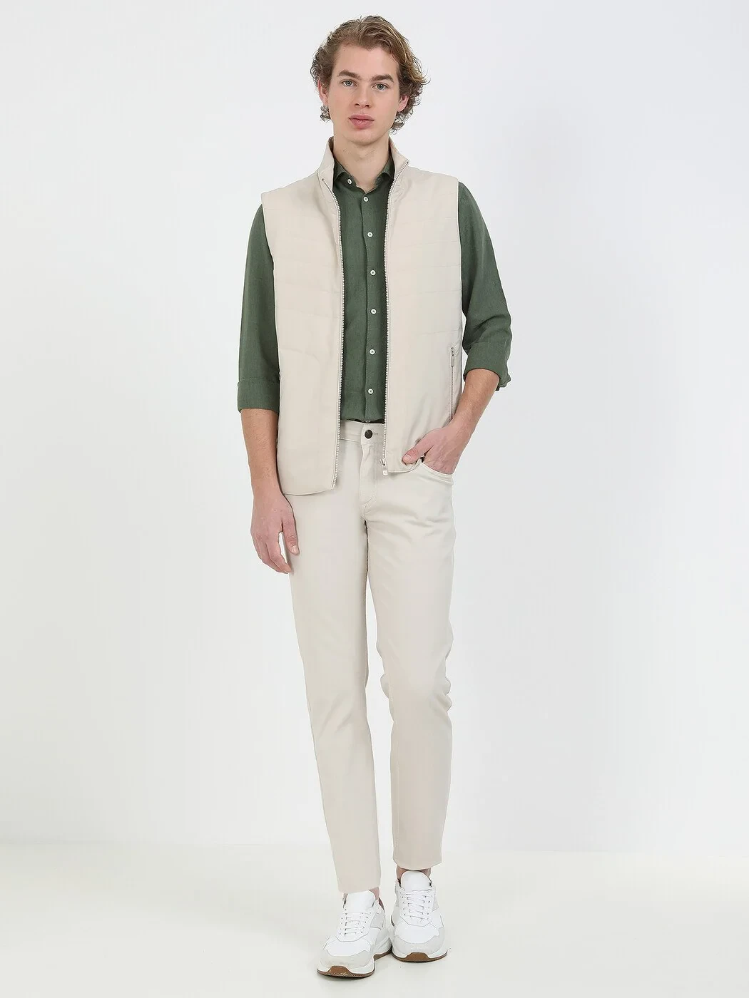 Beige Weaving Puffer Vest - 1