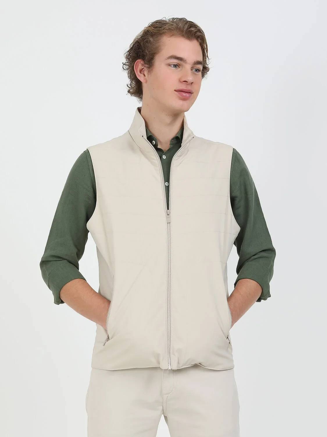 Beige Weaving Puffer Vest - 2